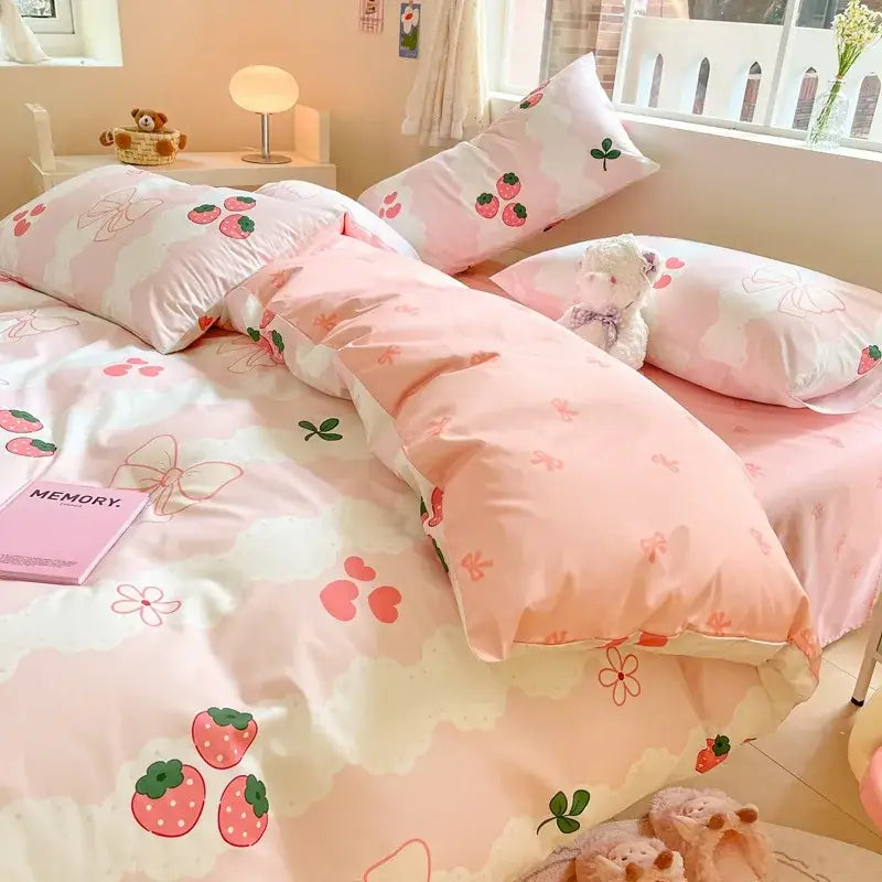 Pink and cream bed set with cotton cartoon printed strawberry and bow pattern in soft satin decorbites cotton cartoon finish