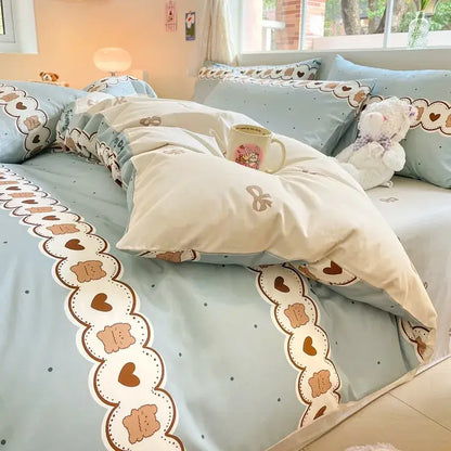 Pastel blue and cream bed set with heart and bow edges made of decorbites cotton cartoon printed fabric