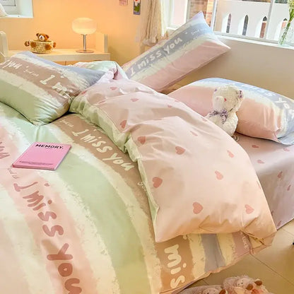 Pastel rainbow-striped pink and cream cotton cartoon printed bed set with i miss you text and heart patterns decorbites cotton cartoon