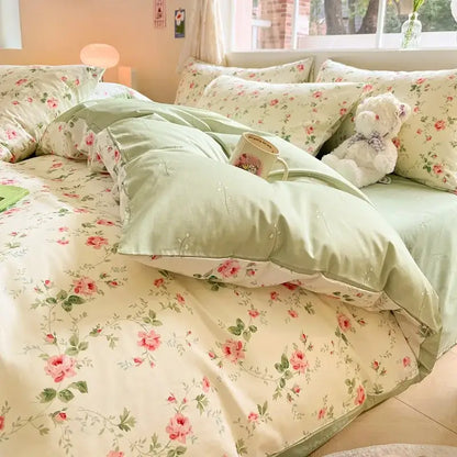 Pastel green and cream floral pink roses bed set with decorbites cotton cartoon printed fabric for bedroom decor