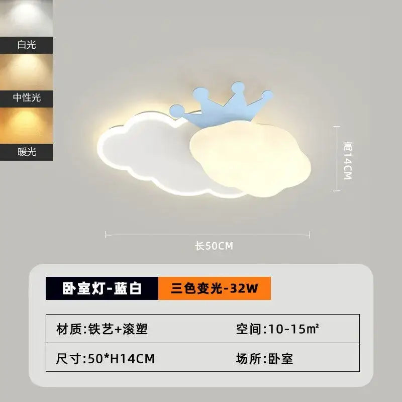 A blue and white cloud-shaped ceiling lamp with crown detail and three color-changing led options for decorbites cream clouds