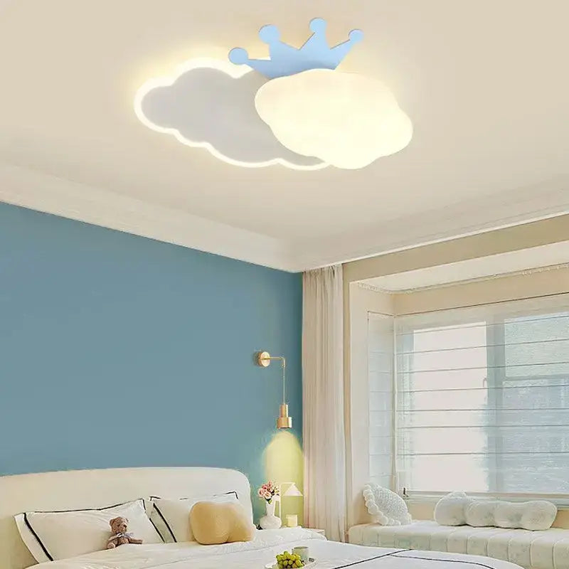 Pink crown cream clouds rainbow ceiling lamp featuring a soft white cloud design with blue crown accent for decorbites cream clouds decor