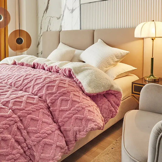 Pink diamond cashmere duvet cover with plush quilted texture and soft white fleece lining by decorbites dual