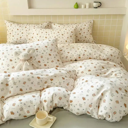 Cute white bedspread set with double layer yarn texture and brown cartoon animal prints for cozy bedroom bedding