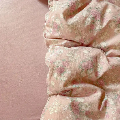 Soft pink floral double layer yarn bedspread set with delicate rose and white blossoms for bedroom bedding