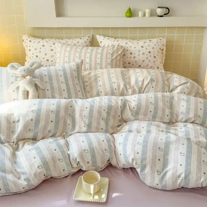 Soft pastel striped double layer yarn bedspread set with heart and crown patterns in blue cream and beige tones