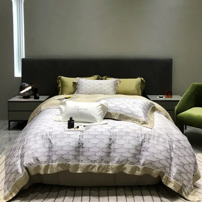 Elegant ivory and sage green patterned satin duvet set with subtle embroidery from decorbites eucalyptus lyocell flowers collection