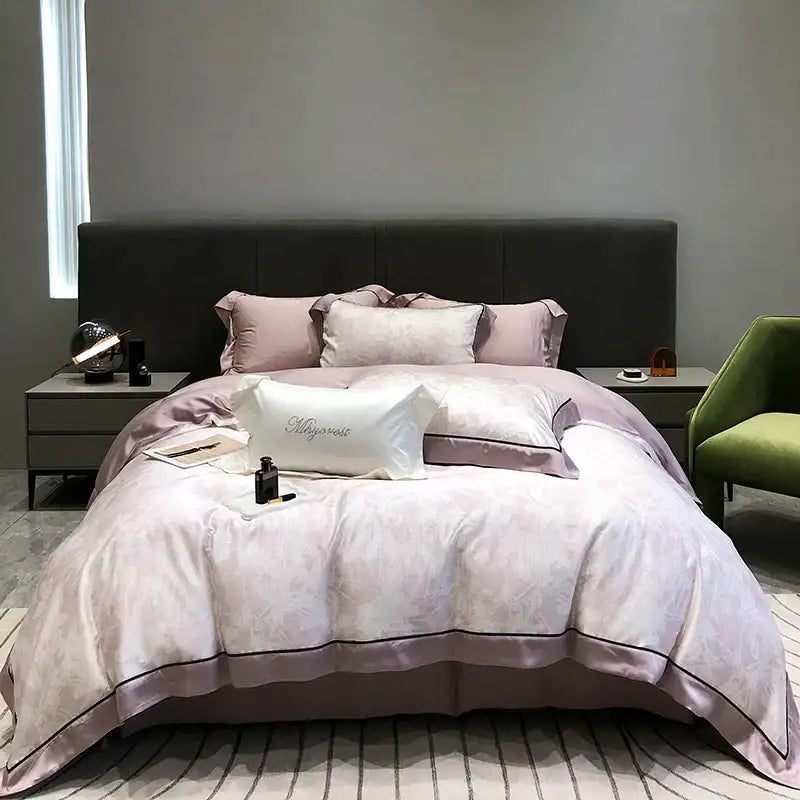 A luxurious lavender satin duvet set with floral embroidery and black piping from decorbites eucalyptus lyocell flowers
