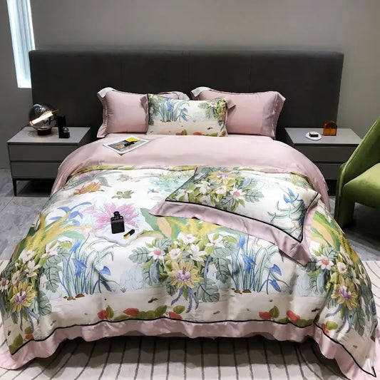Pink floral eucalyptus lyocell flowers duvet set with vibrant botanical print on satin-like fabric for bedroom decor