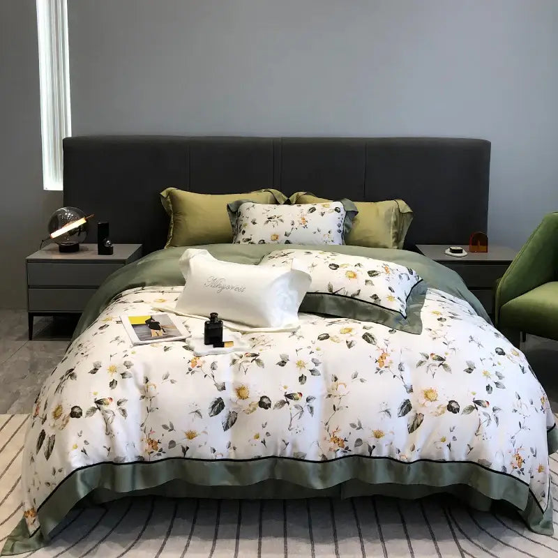 White floral duvet set with olive green ruffled trim and soft yellow botanical decorbites eucalyptus lyocell flowers