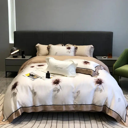 Elegant white satin duvet set with brown gray floral embroidery beige border and black piping decorbites eucalyptus lyocell flowers
