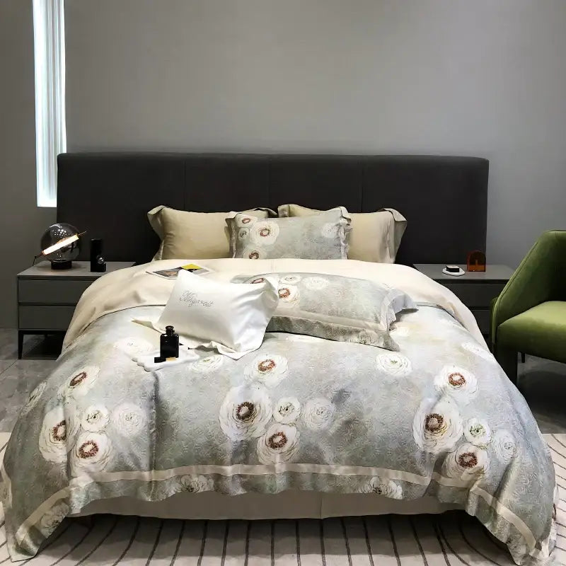 The bedding set features a soft light gray duvet cover with cream beige floral decorbites eucalyptus lyocell flowers