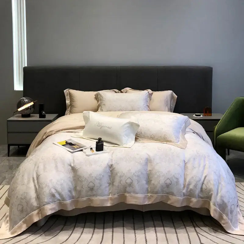 Elegant ivory satin duvet set with silver damask embroidery and beige ruffled hem for decorbites eucalyptus lyocell flowers bedding