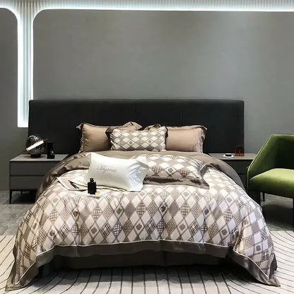 Beige and gray diamond-patterned satin duvet set with matching pillow sham featuring decorbites eucalyptus lyocell flowers design