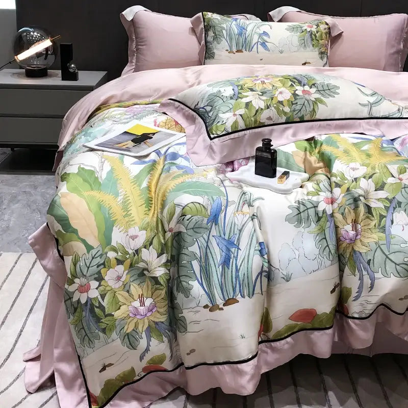 Pink satin duvet set with vibrant eucalyptus lyocell flowers in white yellow and blue on off-white background decorbites
