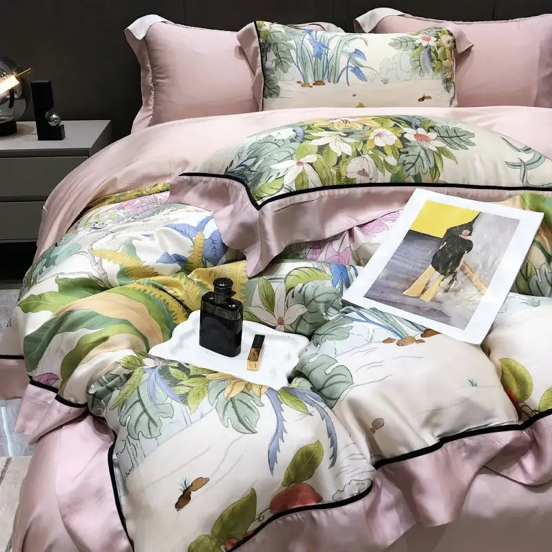 Pink satin duvet set featuring vibrant eucalyptus lyocell flowers with black piping for elegant bedroom decorbites bedding