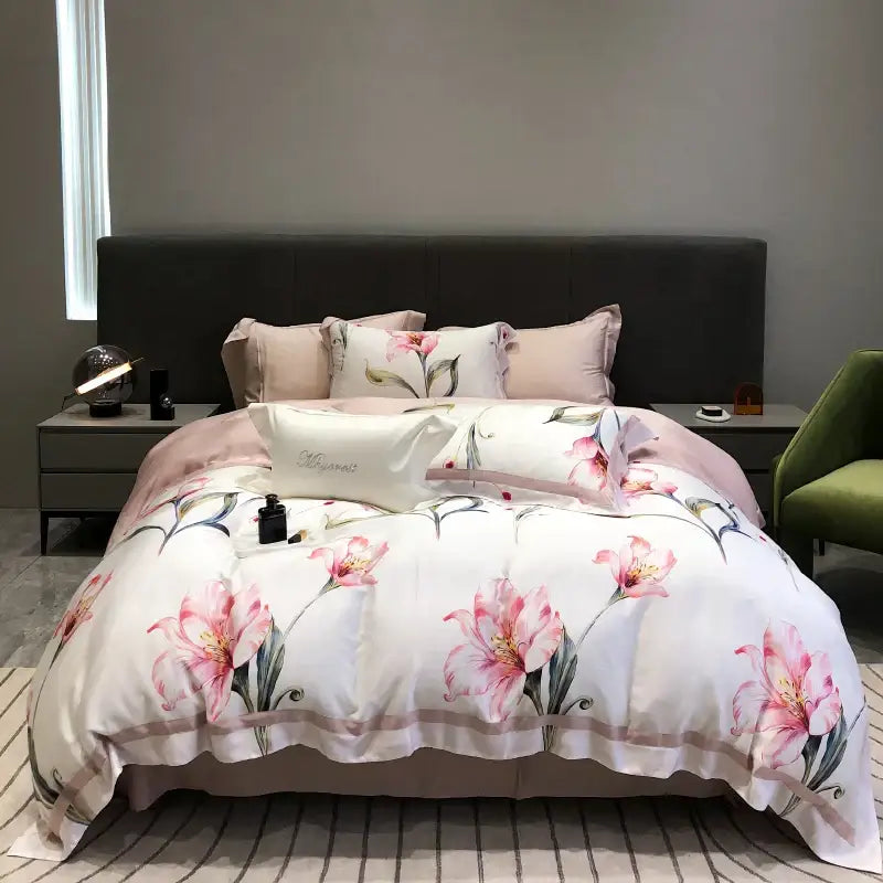 White duvet set with pink lily floral pattern and blush piping made from decorbites eucalyptus lyocell flowers fabric