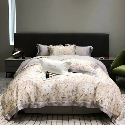 Beige and cream patterned satin duvet set with subtle geometric design and silver piping in decorbites eucalyptus lyocell flowers collection