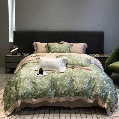 Green and beige patterned duvet set with geometric floral quilt from decorbites eucalyptus lyocell flowers collection