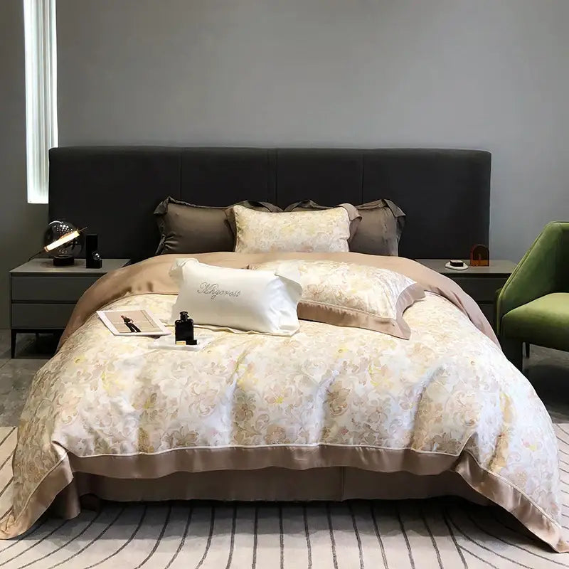 Beige and gold floral patterned satin duvet set with matching pillows from decorbites eucalyptus lyocell flowers collection