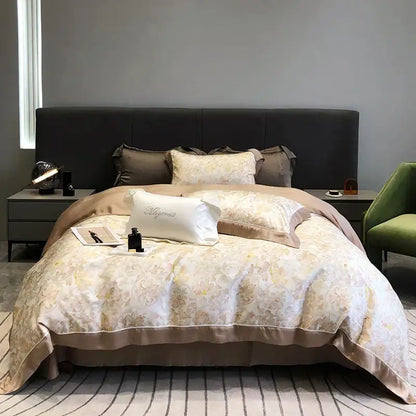 Beige and gold floral patterned satin duvet set with matching pillows from decorbites eucalyptus lyocell flowers collection