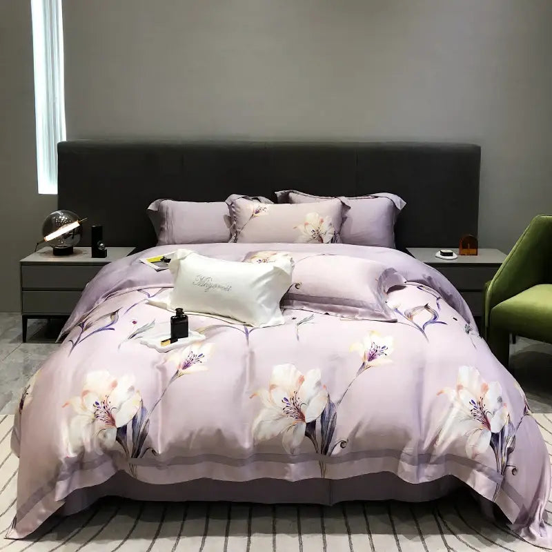 Lavender-colored satin duvet set with elegant white and purple floral patterns featuring decorbites eucalyptus lyocell flowers