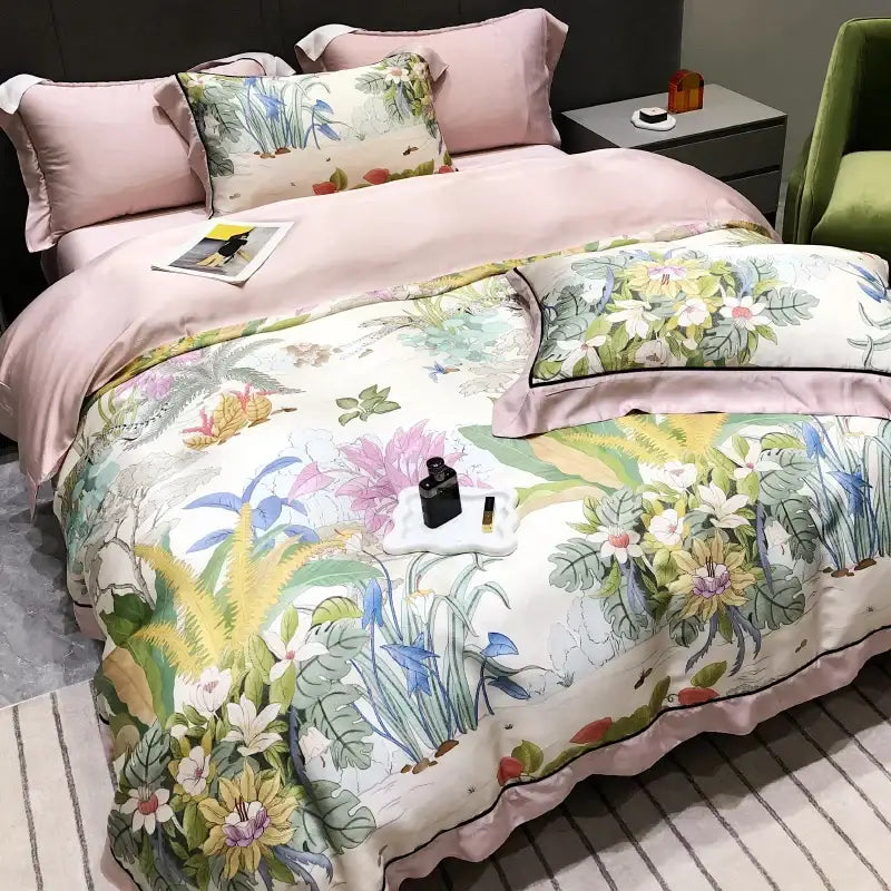 Pink floral eucalyptus lyocell flowers duvet set in soft satin-like fabric featuring vibrant botanical print by decorbites