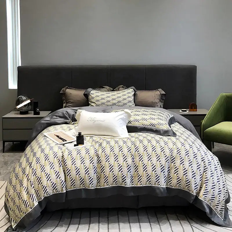 Gray and cream geometric-patterned duvet set with satin finish from decorbites eucalyptus lyocell flowers bedding collection