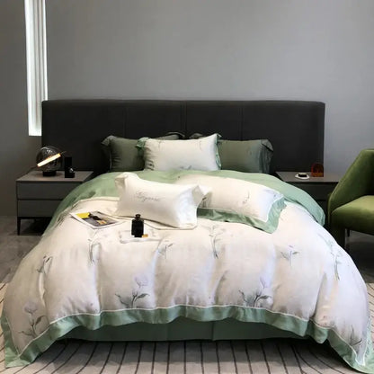 Soft white and sage green floral-patterned duvet set with delicate embroidery made from decorbites eucalyptus lyocell flowers