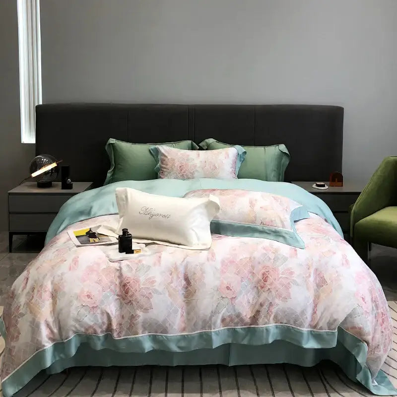 Pink floral eucalyptus lyocell flowers satin duvet set with pastel pink and mint green decorbites eucalyptus lyocell design