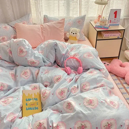 Pastel blue and pink floral heart-patterned cotton comforter set with light vertical stripes cozy cartoon printed decorbites cozy cartoon