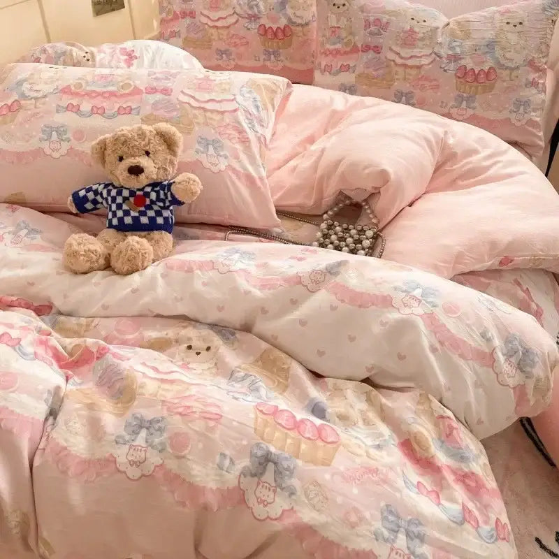 Pink and white cotton comforter set with cozy cartoon printed cupcakes bows and teddy bears for bedroom decorbites cozy cartoon