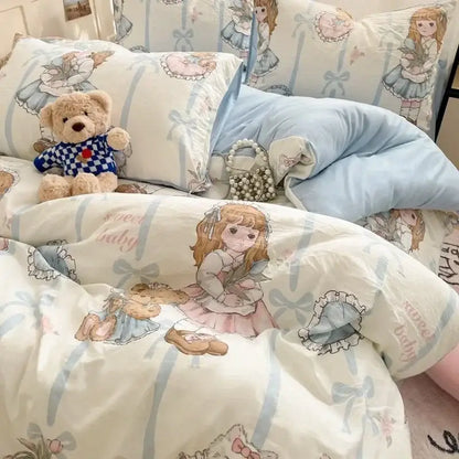 Pink floral lace cotton comforter set featuring cozy cartoon printed pastel bedding with a charming girl and light blue accents