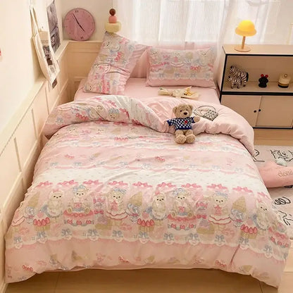 Pink floral lace cotton comforter set with cozy cartoon printed bear design and pastel accents for bedroom decorbites cozy cartoon