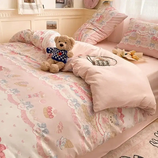 Pink floral lace cotton comforter set with soft pastel tones and delicate trim cozy cartoon printed decorbites cozy cartoon