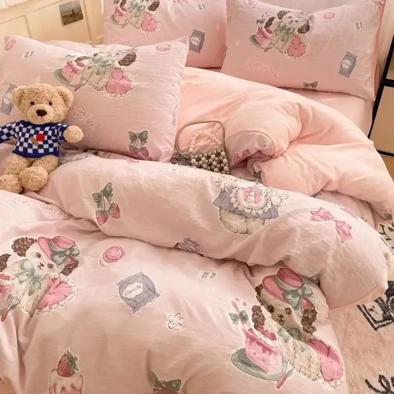 Pink floral lace cotton comforter set featuring cozy cartoon printed dogs and strawberry motifs for bedroom decorbites cozy cartoon