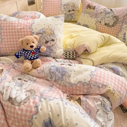Pastel pink and cream cat-themed cotton comforter set with floral lace embroidery and cozy cartoon printed fabric