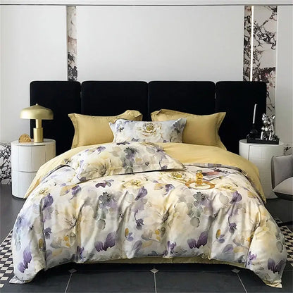 Elegant cream satin duvet cover with purple gold floral pattern and matching pillows in colorful egyptian cotton bedding set decorbites