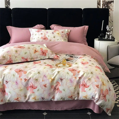 Pink and white floral satin egyptian cotton bedding set with delicate watercolor blossoms for bedroom decorbites colorful egyptian cotton decor