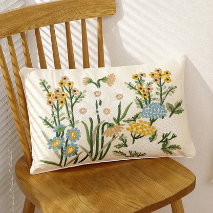 Cream cushion cover with intricate yellow blue and green floral embroidery for pink flower farmhouse decorbites 3d pink style