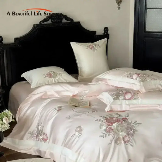 Pink satin bedding set with delicate pink and gray flowers embroidery bedding for elegant bedroom decor