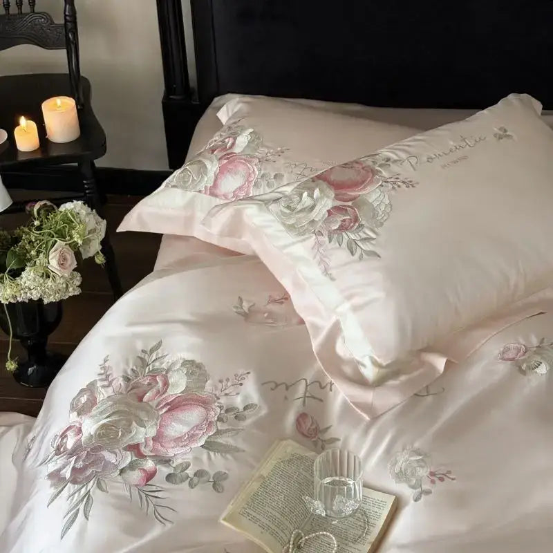 Pink satin pillowcase with delicate pink white and gray floral embroidery from flowers embroidery bedding set