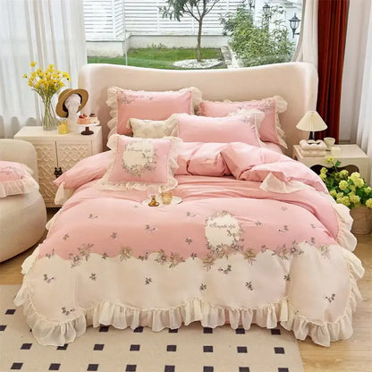 Pink and cream flowers lace ruffles bedding set in egyptian cotton with floral embroidery for elegant decorbites bedroom decor