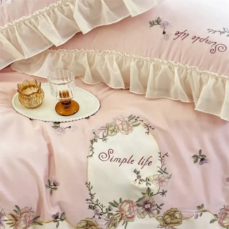 Pink satin egyptian cotton bedding set with flowers lace ruffles and delicate floral embroidery decorbites flowers lace