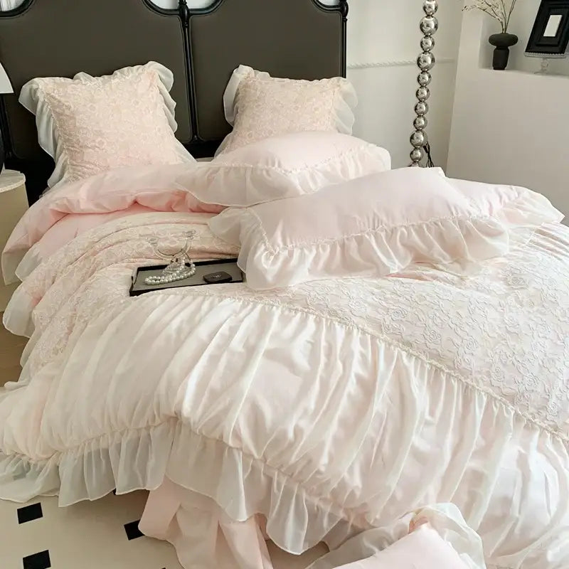Delicate pink french princess bedding set with white lace ruffles in satin-like fabric for elegant bedroom decor