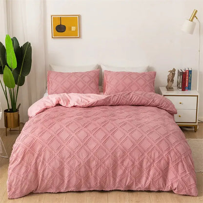 Pink quilted duvet set with a diamond pattern from decorbites geometric cut flowers bedding set for bedroom decor