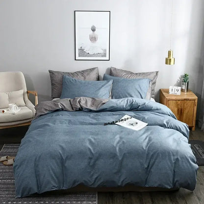 Blue denim-like duvet cover set with matching pillows and textured slightly wrinkled fabric for bedroom bedding