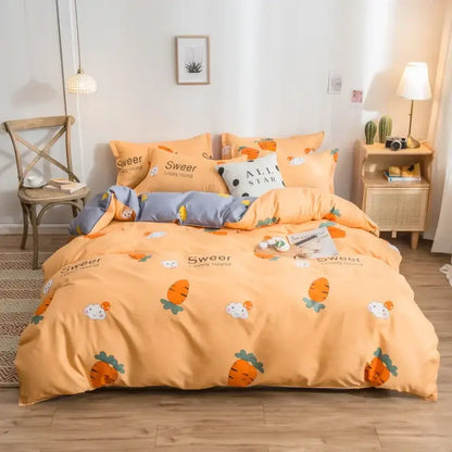 Orange carrot and bunny cartoon print bedding set in satin finish duvet cover from decorbites cartoon print collection