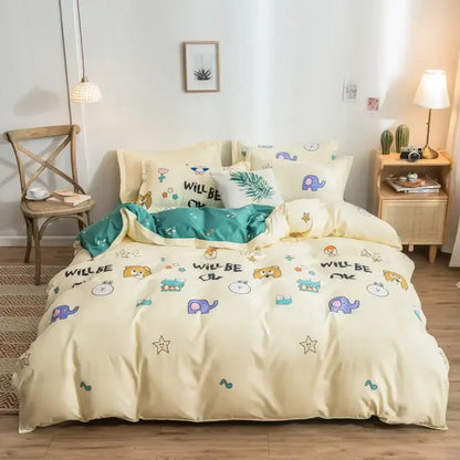 Cream-colored satin finish duvet cover bedding set with decorbites cartoon print featuring animals stars and teal accents