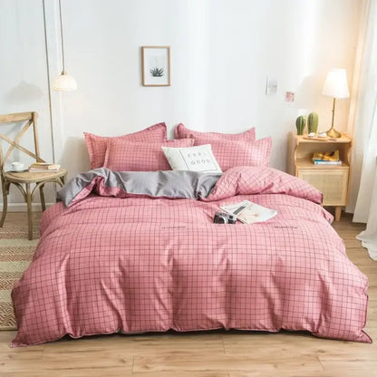Pink and gray checkered duvet cover bedding set with soft satin finish decorbites cartoon print bedding decor